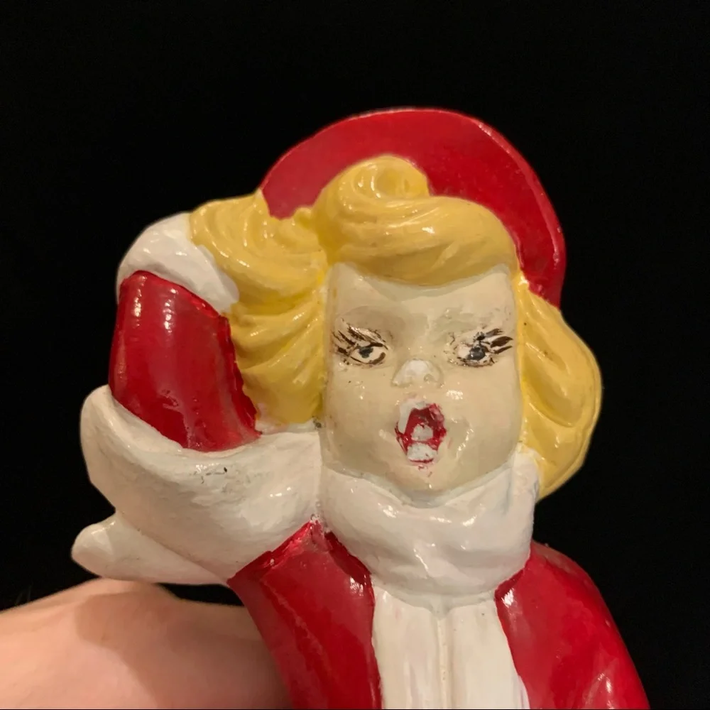 Vintage Ceramic Christmas Caroler Woman Red Flowing Dress Blowing in Wind FLAWS